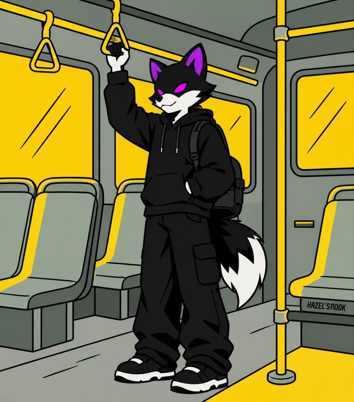 The Inu in black clothes standing in a yellow and grey bus, holding an overhead strap.