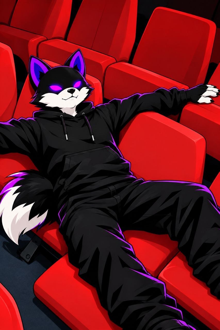 The Inu, a black-hooded dog character with glowing purple eyes, stretched out across rows of red cinema seats.