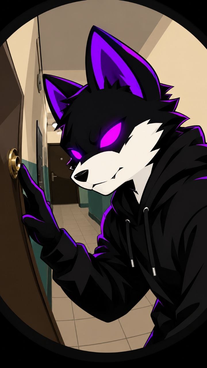 The Inu with glowing purple eyes leaning toward a door, seen through a peephole.