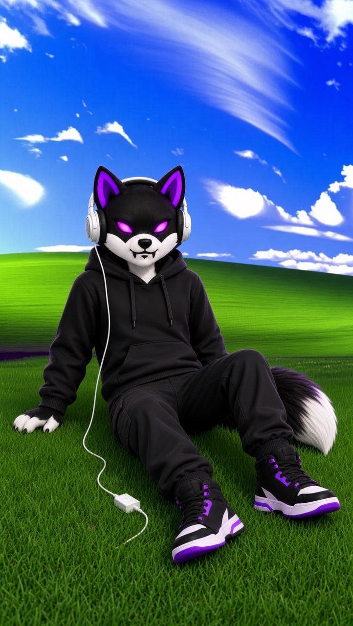 The Inu sitting on a green hill under a bright blue sky, wearing white headphones and purple-trimmed sneakers.
