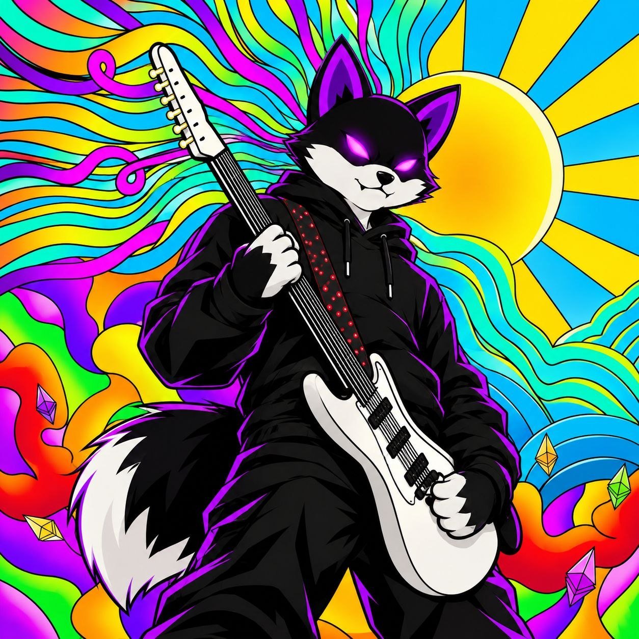 The Inu playing a white electric guitar in front of a psychedelic rainbow sun.