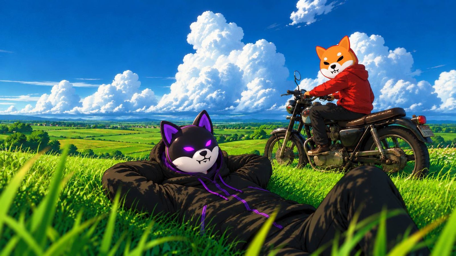 The Inu lying back in a green meadow with hands behind its head, while a shiba in a red hoodie sits on a vintage motorcycle beside it under a big blue sky.
