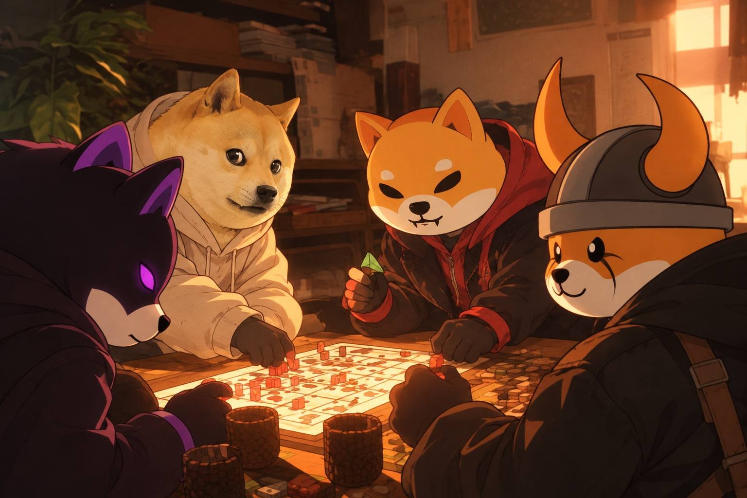 The Inu and three other dogs, a doge in a cream hoodie, a shiba in a red hood and a shiba in a horned helmet, huddled around a glowing board game in a warm room.