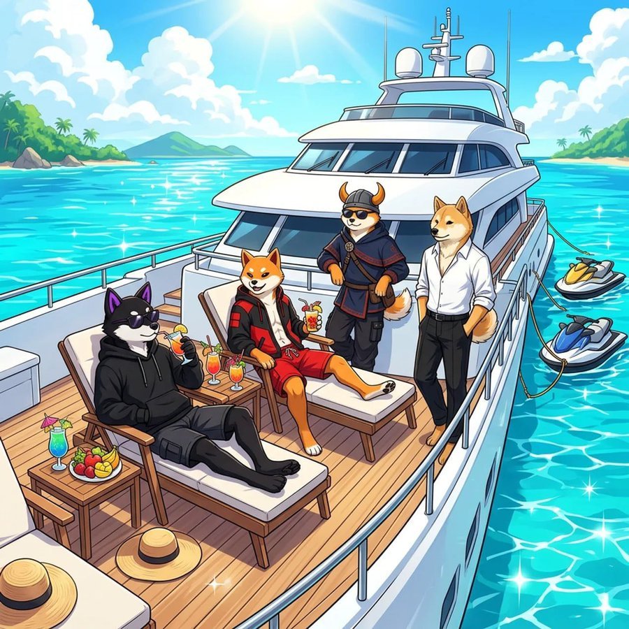 The Inu in sunglasses with a cocktail on a yacht deck, relaxing beside a shiba in red shorts, a shiba in a horned helmet and a doge in a white shirt.