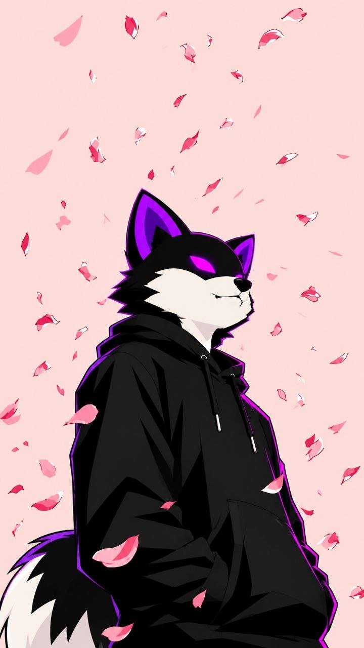 The Inu in a black hoodie with glowing purple eyes, standing among falling pink petals.