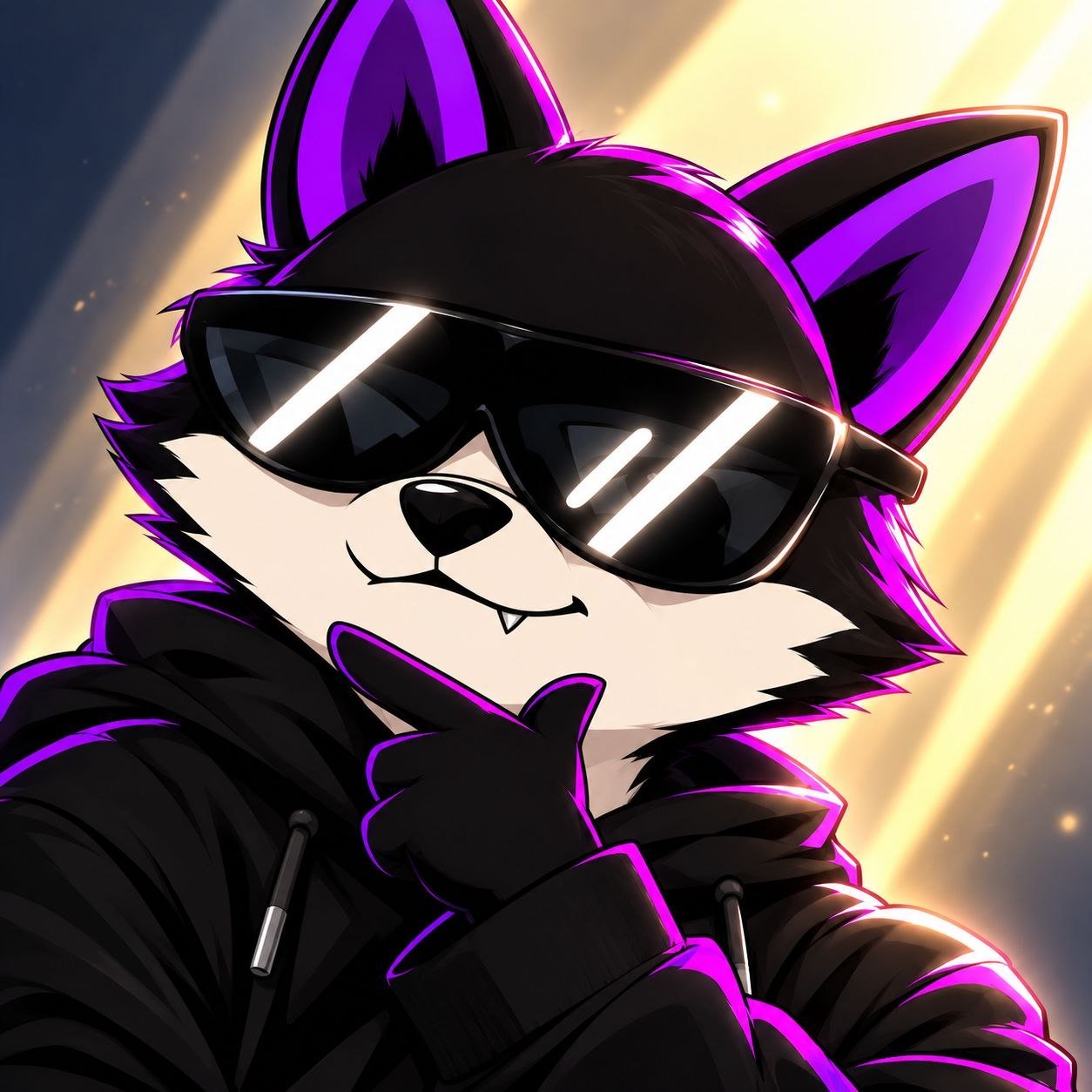 The Inu in a black hoodie and reflective sunglasses, hand under chin, against golden light rays.