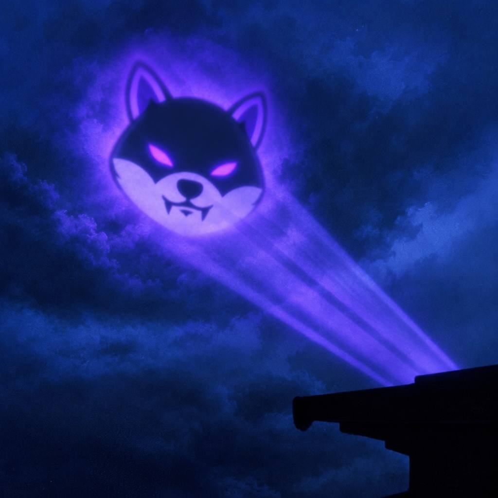 The Inu's face projected into a stormy night sky as a glowing purple signal beam.