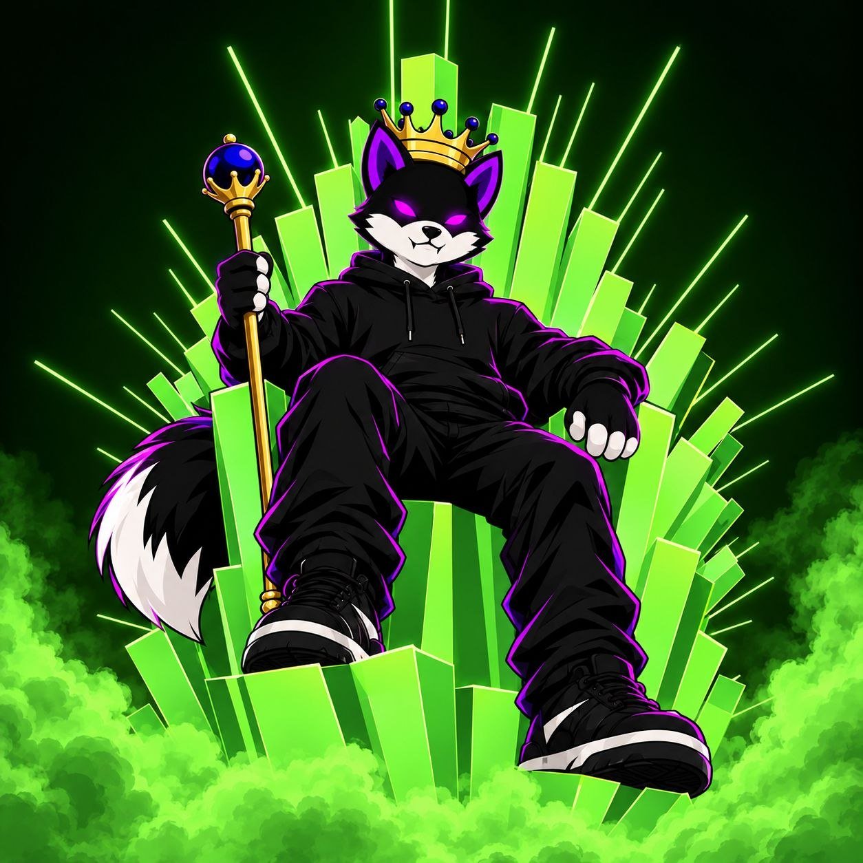 The Inu wearing a gold crown and holding a scepter, seated on a throne of glowing green crystals.